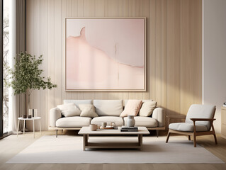 Living room interior in modern and classic styles with wooden panneling and bronze decor. Neutral and light  pastel colors interior with wooden wall panels.
