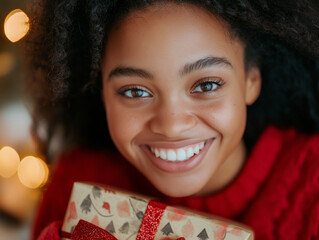 Wall Mural - Golden Moments: A Beautiful Portrait of Pure Joy as Natural Curls Frame Her Radiant Smile, The Shimmer of Her Gold-Wrapped Present Dancing with the Festive Lights Behind