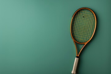 Tennis racket resting against a green background in a minimalistic setup