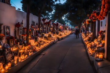 A city street lined with da de muertos altars glowing softly as dusk falls, AI Generated