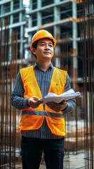 Asian male architect in safety gear, holding plans at a construction site.