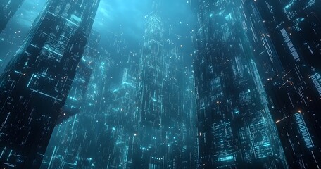 Poster - Futuristic Cityscape with Glowing Blue Lights and a Night Sky