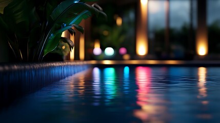 Close-up view of a swimming pool at night with colorful lights reflecting on the water.