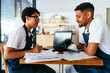 © oneinchpunch - Bakery, portrait of hispanic black man and woman in cafe calculating costs and taxes  - Small business owners tracking income and expenses, checking balance and doing financial plan