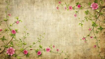 Vintage canvas with vines and pink flower texture background