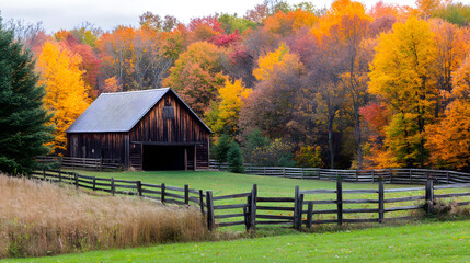 A rustic harvest storage barn with a wooden fence and a backdrop of colorful autumn trees, celebrating Thanksgiving.