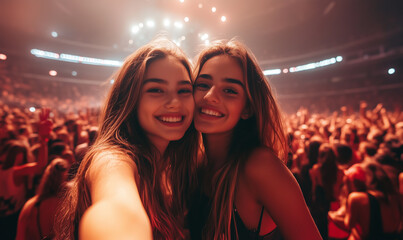 Selfie image of two young women at a concert in a giant indoor arena