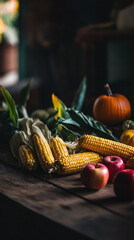 A vibrant display of seasonal harvest items like corn, squash, and apples on a wooden table. Soft focus in the background, with copy space at the top