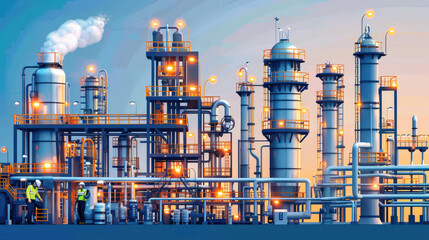 Wall Mural - panoramic view of petrochemical facility showcasing intricate industrial structures and workers in safety gear. scene is illuminated by warm lights, creating vibrant atmosphere