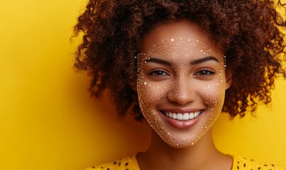 Smiling woman with curly hair, white face dots.