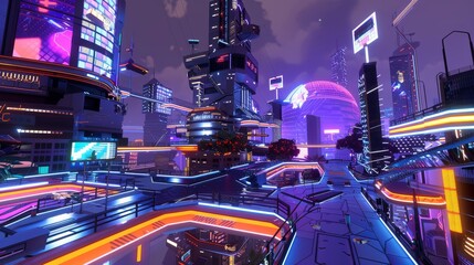 Poster - Vibrant futuristic cityscape  a lively metaverse with neon lights and innovative architecture