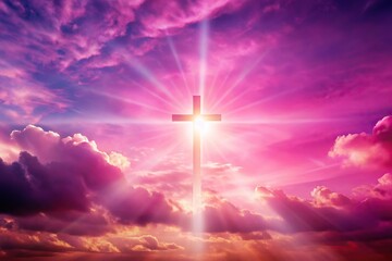 silhouette of christian cross against bright pink sky
