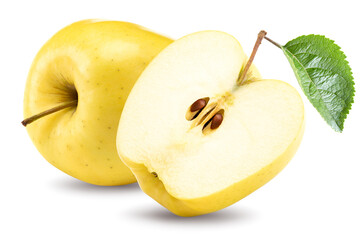 Wall Mural - half of yellow apple with green leaves isolated on white background. clipping path