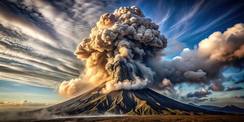 Volcanic eruption causing smoke clouds around mountain