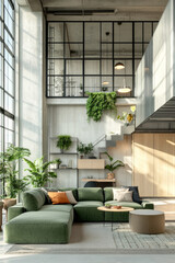 Canvas Print - A modern interior featuring spacious living room with green sectional sofa, large windows, and plants. design combines industrial elements with natural decor, creating serene atmosphere