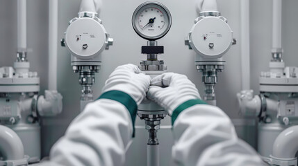 Wall Mural - worker examining valves and gauges in control room, ensuring proper functionality and safety. focus is on precision and attention to detail in technical environment