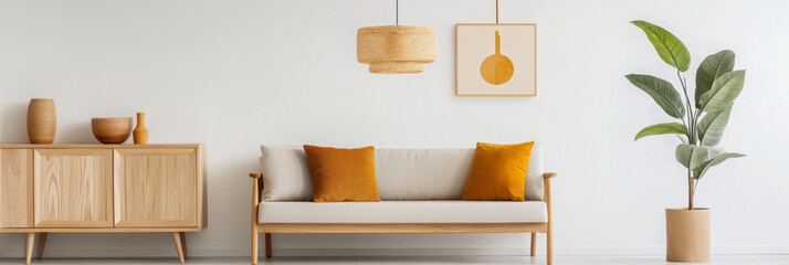 Sticker - A modern interior featuring stylish sofa with orange cushions, wooden cabinet, and decorative plant. warm tones create cozy and inviting atmosphere