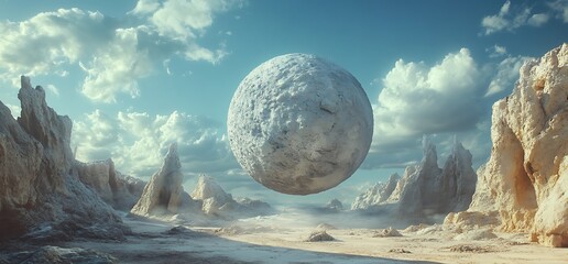 Wall Mural - a large white sphere hovers over a sandy, rocky landscape with jagged, white formations and a blue s