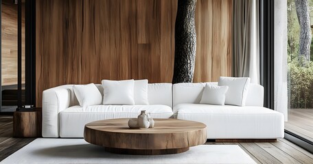 Modern Living Room with White Sofa and Wooden Coffee Table