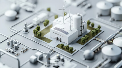 detailed illustration of green hydrogen plant featuring wind turbines, storage tanks, and industrial equipment, showcasing sustainable energy production