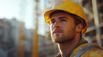 a man wearing a hard hat and a yellow jacket looking up at something in the distance with a building in the background