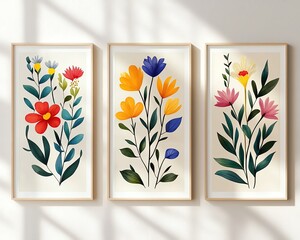 Colorful botanical illustrations in minimalist style Colorful flower illustrations in frames