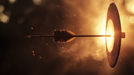 An arrow strikes a target, surrounded by glowing light and particles, showcasing a dramatic moment of impact.