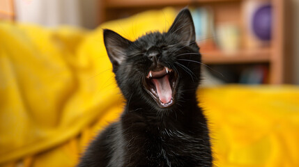 Wall Mural - A black cat yawning with its mouth wide open, showcasing its sharp teeth. The background features a cozy, colorful setting with a yellow blanket and blurred shelves, creating a evil atmosphere.