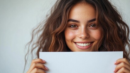 Wall Mural - A woman with brown hair is holding a white piece of paper