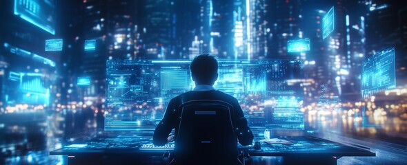 a futuristic scene with a programmer surrounded by virtual screens in a brightly lit cyberpunk citys