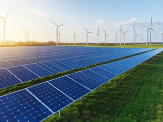 A picturesque landscape featuring solar panels and wind turbines, symbolizing renewable energy and sustainability in nature.