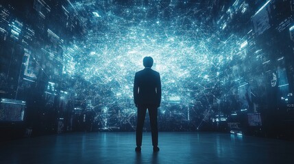 Wall Mural - man facing digital network