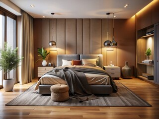 Wall Mural - Modern Bedroom with Russet Walls, Cozy Gray Blanket, Chic Decor, Stylish Furniture, Soft Lighting, Minimalist Design, Contemporary Style, Elegant Interiors, Warm Atmosphere