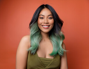 Portrait of Beautiful Happy Young Woman Smiling Against Colorful Studio Background