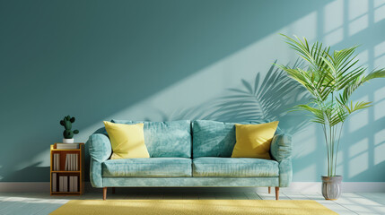 cozy living room featuring pastel blue sofa with yellow cushions, complemented by vibrant green plant and stylish side table. soft sunlight casts beautiful shadows, creating warm atmosphere