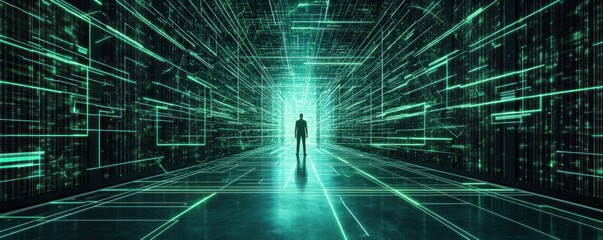 A silhouette stands in a digital corridor, illuminated by vibrant green lines and patterns, representing technology and innovation.