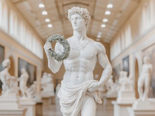 A stunning white marble statue depicting a muscular figure holding a laurel wreath, showcased in a grand art gallery.