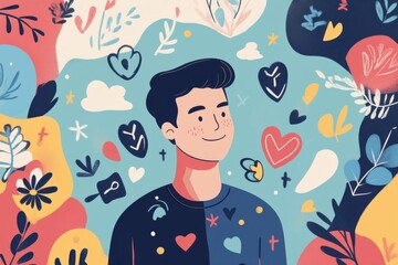 Minimalistic illustration of a man surrounded by colorful abstract shapes