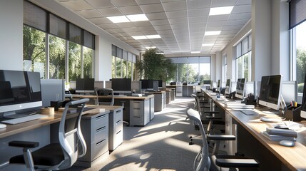 A 3D render of an office with multiple workstations and computers