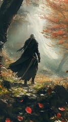 Canvas Print - A lone warrior walks through a mystical forest