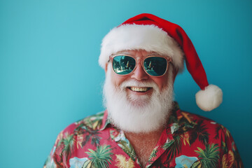 man wearing a red Hawaiian shirt and sunglasses with a Santa hat on his head. He is smiling and looking at the camera