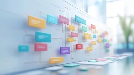 Efficient project planning and execution steps visualized, 3D illustration, flat design, side view, organizational workflow theme, animation, Triadic Color Scheme