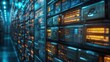 © azi - A futuristic data center with rows of servers, glowing with orange and blue lights.
