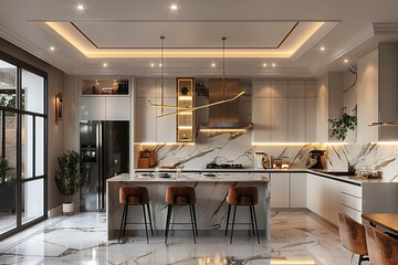 Kitchen European modern style interior design in white with neon lighting lamps.