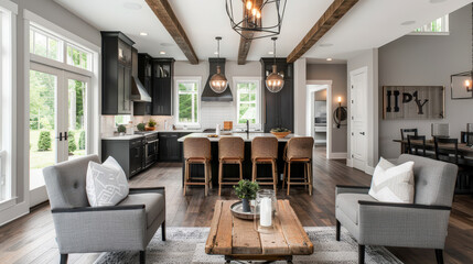 Modern kitchen with open layout featuring dark cabinetry, wooden beams, and stylish seating. space is bright and inviting, perfect for gatherings