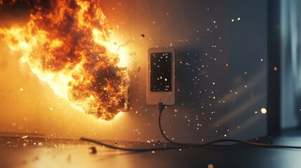 2410 80.An electrical outlet and charging cord bursting into flames while charging a mobile phone. The scene captures the smoke, sparks, and danger of using poor-quality cables and plugs for