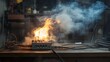 © Sinechana - 2410 74.Flames erupt from a power plug on a workbench, with smoke swirling around the electrical tools and wires. The fire clearly illustrates the danger posed by using overloaded or non-compliant