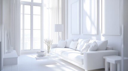 A bright white living room with a comfortable sofa. It has a simple, modern Scandinavian style.