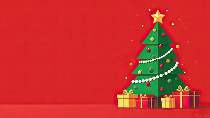 Wall Mural - flat illustration banner of green decorated Christmas trees on the right side with snowflake on a red background, gift boxes  on a red floor