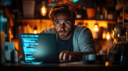 A man with a beard looks intensely at the screen of his laptop, working late at night in a dimly lit cafe.